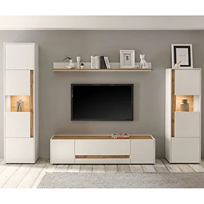 Abbildung von Lomadox TV Wohnwand 4 TLG. mit LED Beleuchtung in weiß Absetzungen Wotan Eiche Nb, B/H/T: ca. 310/197/45 cm