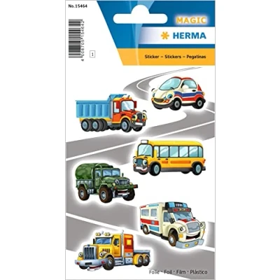 Abbildung von HERMA 15464 Aufkleber Auto Glitzer klein, 6 Stück, Fahrzeuge Sticker mit LKW Truck Schulbus Krankenwagen Motiv, Kinder Etiketten für Fotoalbum Tagebuch Poesiealbum Scrapbooking Geburtstag Deko Briefe