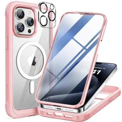 Abbildung von Miracase 360 Grad für iPhone 15 Pro Max Hülle Magnetisch mit Eingebaut Glas Schutzfolie und Kameraschutz, Stoßfest Komplettschutz Handyhülle Schutzhüllen 6,7 Zoll, Rosa