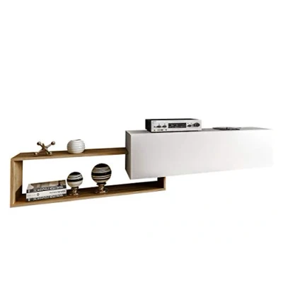 Abbildung von Mirjan24 TV Board Atlas mit Regal, Hängeschrank, Hängeboard, Fernsehschrank, Schrank, Tisch, Fernsehtisch, Highboard, Sideboard, Bank, Lowboard (Weiß/Wotan)