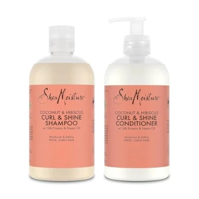 Abbildung von SheaMoisture Curl &amp; Shine Shampoo 384ml + Conditioner für dickes, lockiges Haar Kokosnuss Hibiskus ohne Silikone und Sulfate 2 Stück