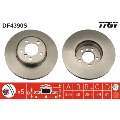 Abbildung von TRW DF4390S Bremsscheibe 324 30 5 120 Belüftet lackiert hochgekohlt BMW: 7