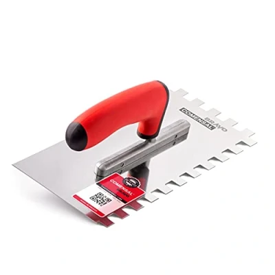 Abbildung von COMENSAL Zahnkelle 12 mm Profi Edelstahl Glättekelle Zahnspachtel zum Verlegen von Fliesen Ergonomisch Griff Made in EU 270 x 130