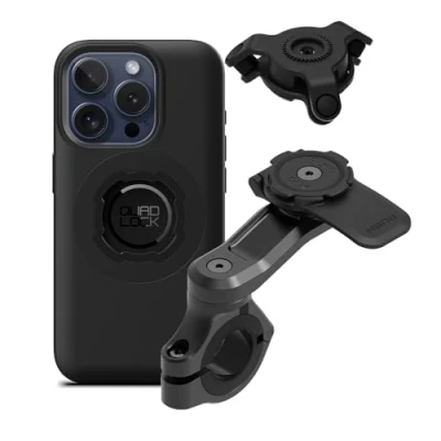 Abbildung von Quad Lock Motorrad Lenkerhalterung Pro Kit mit Vibrationsdämpfer und iPhone 15 MAG Hülle