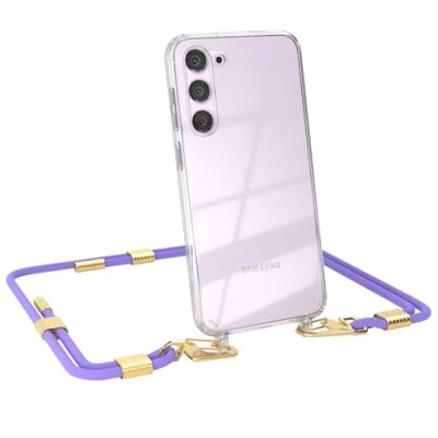 Abbildung von EAZY CASE kombinierbare Handyketten kompatibel mit Samsung Galaxy S23 Plus, Transparente Silikon Hülle stylischen Umhängeband, Abnehmbarer Karabiner, Gurt, Lavendel Lila Clips Gold