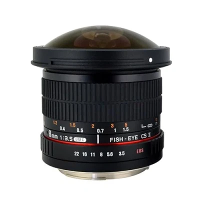 Abbildung von Rokinon 8 mm f/3.5 HD Fischaugenobjektiv mit Abnehmbarer Kapuze, Canon DSLR, schwarz, None