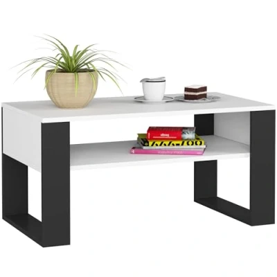 Abbildung von AKORD Couchtisch Holz DOMI mit einem Regal 92x45x53cm Für Wohnzimmer Schlafzimmer Schrank Minimalistisch Modernes Design Schichtstoffplatte 16mm Weiß + Schwarze Beine