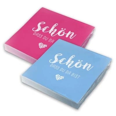 Abbildung von itenga Servietten Schön dass du da bist 30 x 30cm 3 lagig 40 Stück für Kommunion Konfirmation Hochzeit Taufe und andere Feiern (MixPack 20x Hellblau Pink)