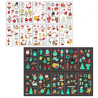 Abbildung von Weihnachten Leuchtende Tattoo Aufkleber, 20 Blätter Kinder Weihnachts Temporäre Tattoos Schneemann.Party Dekoration Mitgebsel Kindergeburtstag Weihnachtsstrumpf
