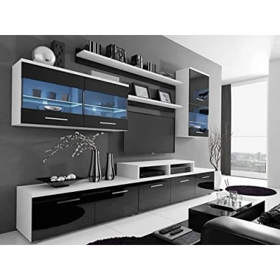Abbildung von lukmebel Wohnwand BETA Weiß Hochglanz Schrankwand Anbauwand Mediawand TV Schrank mit LED Beleuchtung Wohnzimmerschrank Wohnzimmer (Schwarz Hochglanz)