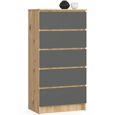 Abbildung von Kommode in Artisan Eiche grau mit 5 geräumigen Schubladen, 60 cm breit, 121 hoch Schlafzimmer Flur Wohnzimmer Organizer Schubladen Holz Highboard Sideboard Schrank