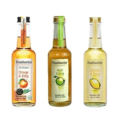 Abbildung von Fruchtwerker Essig und Frucht Set I Verschiedene Sorten Fruchtig Fruchtessig Rein Pflanzlich Süß In Glasflaschen (Apfel + Zitrone Orange)