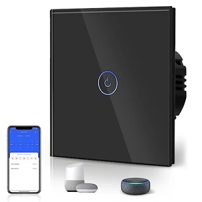 Abbildung von BSEED Smart WiFi Berührungssensorschalter (Neutrale Leitung benötigt) Alexa und Google Home Work mit Tuya Für Office Decoration Kristall Glas Platte Wandlichtschaltern 1 Fach Wag Schwarz