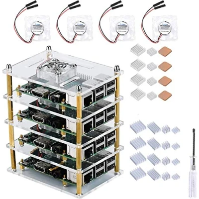 Abbildung von GeeekPi Raspberry Pi 4 Cluster Gehäuse,Raspberry Gehäuse mit Lüfter,Raspberry Kühlkörper,4 Layers Acrylgehäuse,Pi Rack Gehäuse,Stackable für 3B+,Raspberry 3/2 Model B