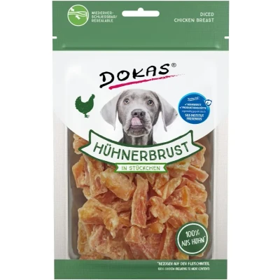 Abbildung von Dokas Hühnerbrust in Stückchen fettarme Hundeleckerlis fürs Training 10x 70g Multipack