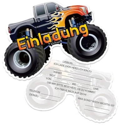 Abbildung von Werfunee 12er Einladungskarten Kindergeburtstag Junge 15 x 10.5 cm Bigfoot Buggy Geburtstag Einladung Geburtstagseinladungen