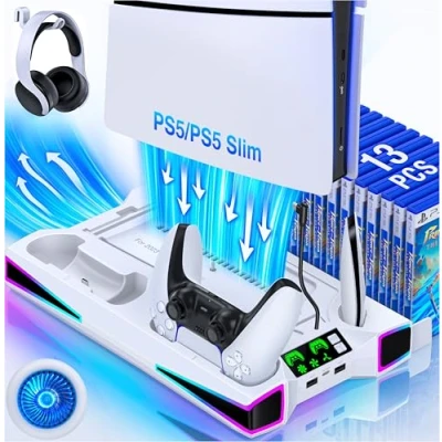 Abbildung von Elegamefy PS5 Standfuß mit Kühler Lüfter, Controller Ladestation RGB Licht, Headset Halterung für PS5/PS5 Slim Disc &amp; Digital Konsole