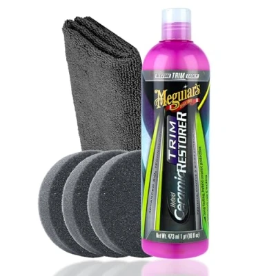 Abbildung von Auto Kunststoff Auffrischer Set Außen Meguiar&#039;s Hybrid Ceramic Trim Restorer + 3X Applikator Pad Poliertuch Kunststoffpflege für unlackierte Kunsstoffteile im Außenbereich