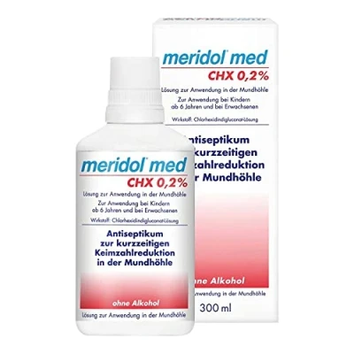 Abbildung von meridol med CHX 0,2% Antibakterielle Mundspülung mit Chlorhexidin zur Bekämpfung bakterieller Entzündungen in der Mundhöhle mildem Geschmack, 300 ml Lösung