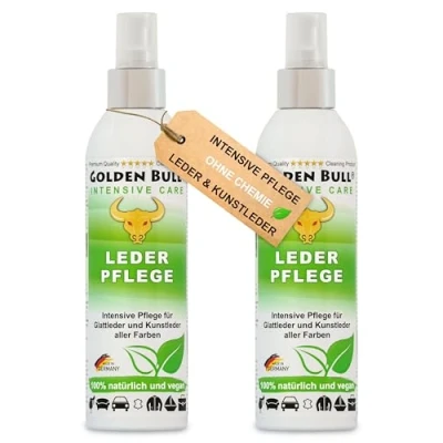 Abbildung von Golden Bull® Lederpflege Spray intensiv 2x250ml [VEGAN OHNE Chemie] Natürliches Leder Kunstleder Pflegemittel für werterhaltende Pflege von Ledersitz, Ledercouch, Autositz, Sofa, Lederjacke