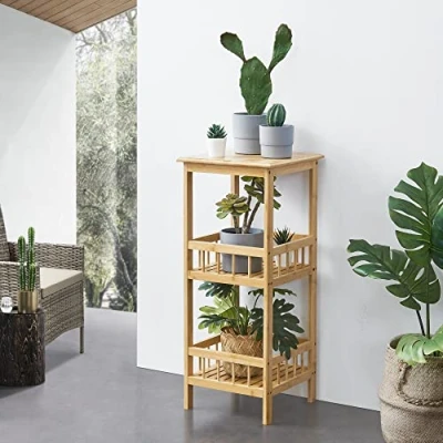 Abbildung von [en.casa] Standregal Pyhäjärvi mit 2 Ablagefächern Pflanzregal aus Bambus 79 x 33 cm Dekoregal Badregal Natur
