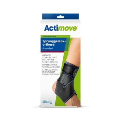 Abbildung von Actimove SPORTS EDITION Sprunggelenkorthese mit Kreuzzügeln für erhöhte Stabilität im Bereich des Sprunggelenks beim Sport Schwarz, Universalgröße