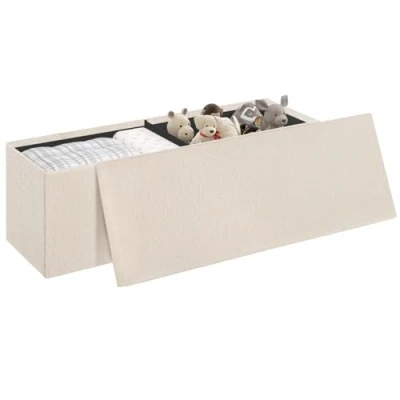 Abbildung von eSituro Sitzbank mit Stauraum, Sitztruhe klappbar, Truhenbank Deckel, Polsterbank Teddystoff Bezug, Fußbank für Schlafzimmer, Aufbewahrungsbox, 135 L, 300kg belastbar, 110x38x38 cm, Beige