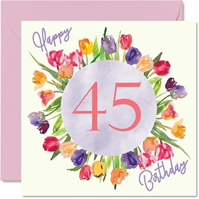 Abbildung von Schöne Geburtstagskarte zum 45. Geburtstag für Frauen Aquarell Tulpen, Blumenstrauß Happy Birthday Karte Ihre Mutter, Tante, Schwester, Freund, Geburtstagsgeschenk, 145 mm x
