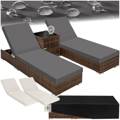 Abbildung von tectake 2er Lounge Sonnenliegen Set Plus Tisch inkl. 2 Bezugsets und Schutzhülle, Outdoor Poly Rattan Gartenmöbel Set, 2X Gartenliege wetterfest braun