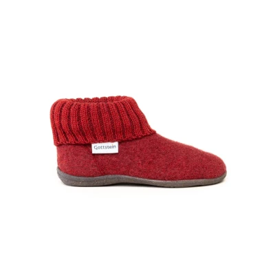 Abbildung von Gottstein Kinder Hüttenschuhe Alpine Boot RU Filz Hausschuh aus Reiner Schurwolle elastischer Strickbund Kork Gummi Sohle Redmele/Brown 27