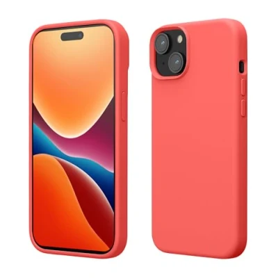Abbildung von kwmobile Hülle für das iPhone 15 Silikon Handy Case stoßfeste Handyhülle mit weicher Oberfläche Neon Koralle