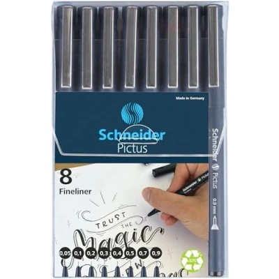 Abbildung von Schneider Pictus Fineliner (8 verschiedene Strichstärken: 0,05 0,9 mm, dokumentenechte Pigmetliner, metallgefasste Spitze, Gehäuse aus 85% recyceltem Kunststoff) schwarz, 8er Etui