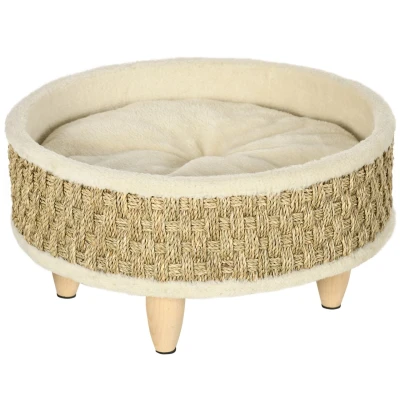 Abbildung von PawHut Tierbett Luxus Haustierbett mit waschbarem Kissen, Plüsch, Beige+Khaki, Ø48 x 24,5 cm