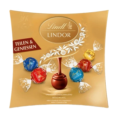 Abbildung von Lindt Schokolade LINDOR Sharing 250 g Kugeln mit zartschmelzender Füllung in den Sorten Milch, Feinherb 45 %, Weiß, Salted Caramel und Haselnuss Schokoladen Pralinen Geschenk