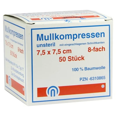 Abbildung von Mullkompressen ES 7,5x7,5 cm unsteril 8f 50 St