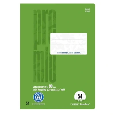 Abbildung von Staufen premio Vokabelheft 2 Hefte je 40 Blatt, DIN A4, Lineatur 54 (Vokabelheft mit Trennlinien), 90 g/m² Recyclingpapier, runde Ecken verhindern „Eselsohren“