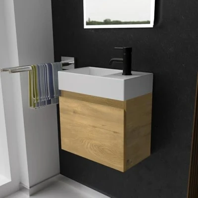 Abbildung von Alpenberger Gäste WC Waschbecken mit Unterschrank 45 cm Breit Waschtisch Set Klein Aufsatzwaschbecken Waschtischunterschrank Hängend Hängeschrank Waschbeckenunterschrank Eiche Natur