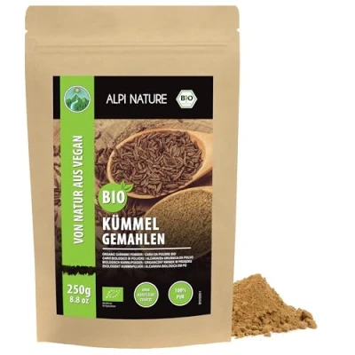Abbildung von Bio Kümmel gemahlen (250g), Kümmelpulver, Kümmelkörner aus kontrolliert biologischem Anbau, Pulver 100% natürlich, ohne Zusätze, Kümmelsamen gemahlenx