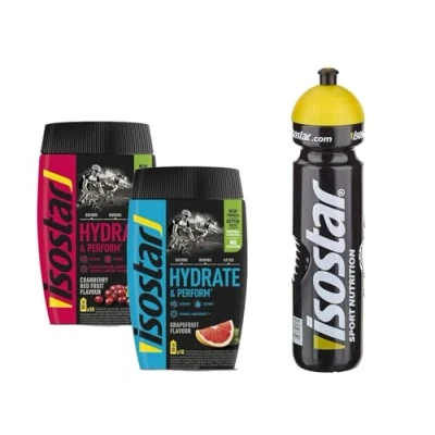 Abbildung von Isostar Hydrate &amp; Perform Grapefruit, 400g + Cranberry, +Trinkflasche 1L (2x400g, 1x1000ml)