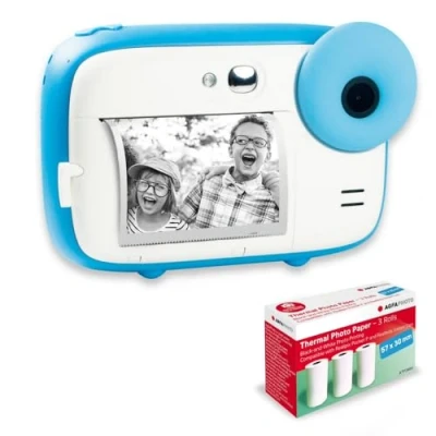 Abbildung von AGFA Photo Realikids Instant Cam + 3 Rollen Thermopapier, ATP3WH Sofortbildkamera für Kinder, LCD Display 2,4 Zoll, Lithium Akku, Selfie Spiegel und Fotofilter Blau