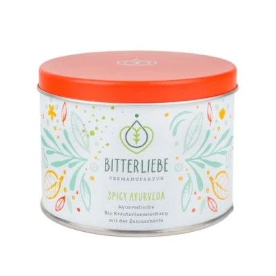Abbildung von BitterLiebe® Teemanufaktur Spicy Ayurveda Bio Kräutertee lose mit der Kraft Bitterstoffe I Bitterkräuter, Gewürztee, Zitronengras, uvm. (90g)