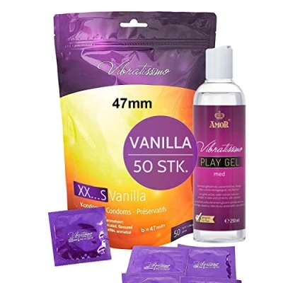 Abbildung von VIBRATISSIMO Kondome XXS Vanilla 50er Pack &amp; Gleitgel Set I mit Aroma Condoms for Men dünner Wandstärke aromatisiert enge Größe hauchzart b=47mm