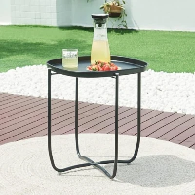 Abbildung von [en.casa] Outdoor Beistelltisch Sandefjord Tabletttisch Balkontisch mit abnehmbarem Tablett Schwarz Gartentisch 53 x 46 cm rechteckig Indoor Metalltisch