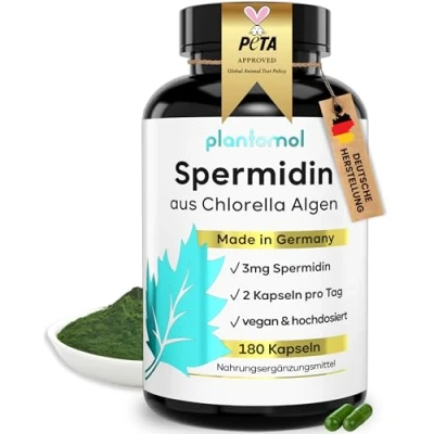 Abbildung von 180 Spermidin Kapseln hochdosiert aus Chlorella hoher natürlicher Chlorophyll Gehalt + 3mg Spermidine 3 Monatsvorrat