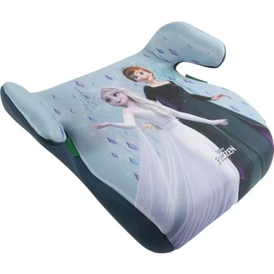 Abbildung von Disney Frozen i Size ECE R129/03. Autokindersitz für Sicherheit von Kindern mit Körpergröße 126 150 cm. Sitzerhöhung Auto Grafikenvon Elsa und Anna, Sitz Kinder auf azurblau Hintergrund.