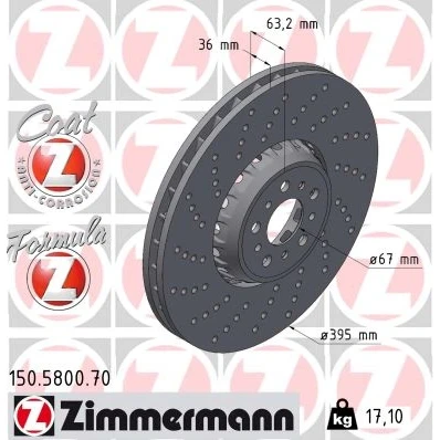 Abbildung von ZIMMERMANN Bremsscheibe BMW: 5 Limousine, 8 Coupe, Gran Coupe 395mm 36mm 10/5 loch 112mm Belüftet, gelocht, zweiteilige 150.5800.70