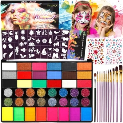 Abbildung von Vautvis Kinderschminke Set, Gesichtsfarben Kinderschminken Set 42 Farben Schminkpalette, 11 Berufs Pinsel, 4 Vorlagen Und 2 Aufkleber, Halloween Schminke Theaterschminke Bodypainting Mädchen
