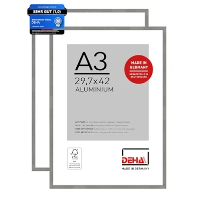 Abbildung von DEHA Design Bilderrahmen, 29,7 x 42 cm (A3) (2er Set), Aluminium, Grau matt, Posterrahmen zum Aufhängen im Hoch &amp; Querformat, bruchsicheres Kunstglas, Tribeca