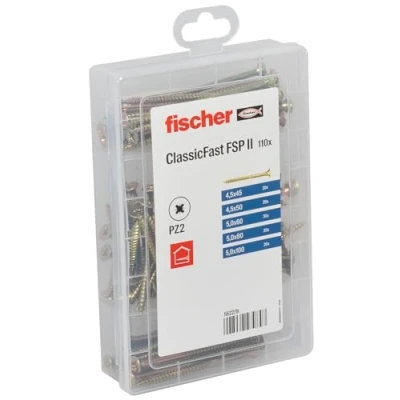 Abbildung von fischer Profi Box ClassicFast II Spanplattenschraube, vorsortierte Sortimentsbox mit 110 gelbverzinkten Schrauben im Durchmesser 4,5 5,0 mm, Senkkopf, PZ Antrieb und Teilgewinde, für Holzbaustoffe