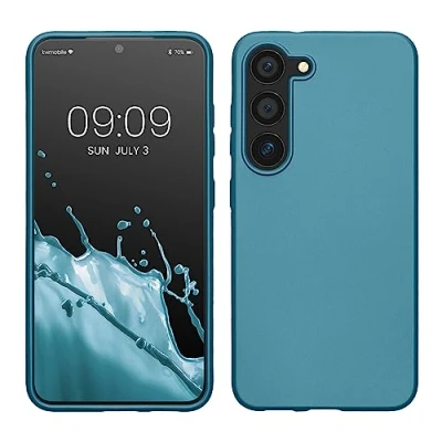 Abbildung von kwmobile Hülle kompatibel mit Samsung Galaxy S23 TPU Silikon Handyhülle Case stoßabsorbierend flexibel Kabelloses Laden Metallic Karibikblau